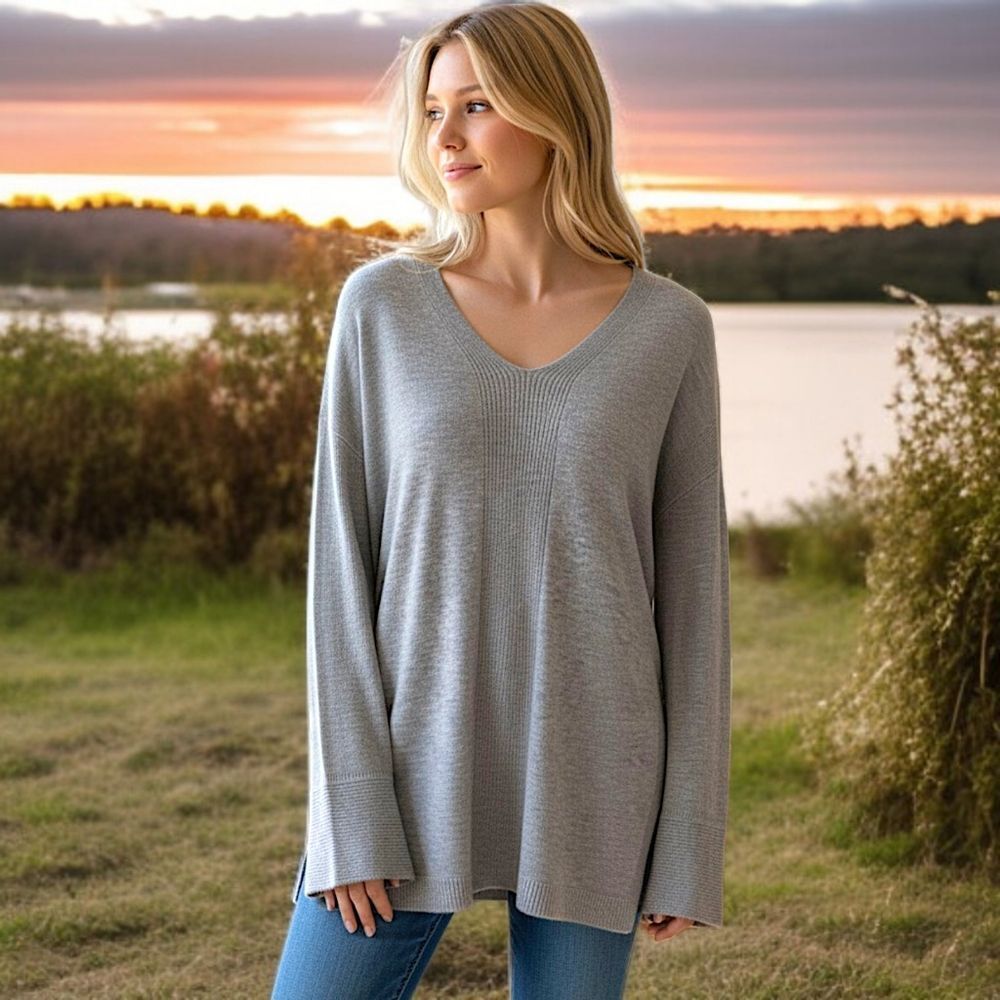 Joan Vass Cashmere Cozy Sweater M Relaxed Gray Bell Sleeves V Neck Quiet Luxury - Picture 16 of 16